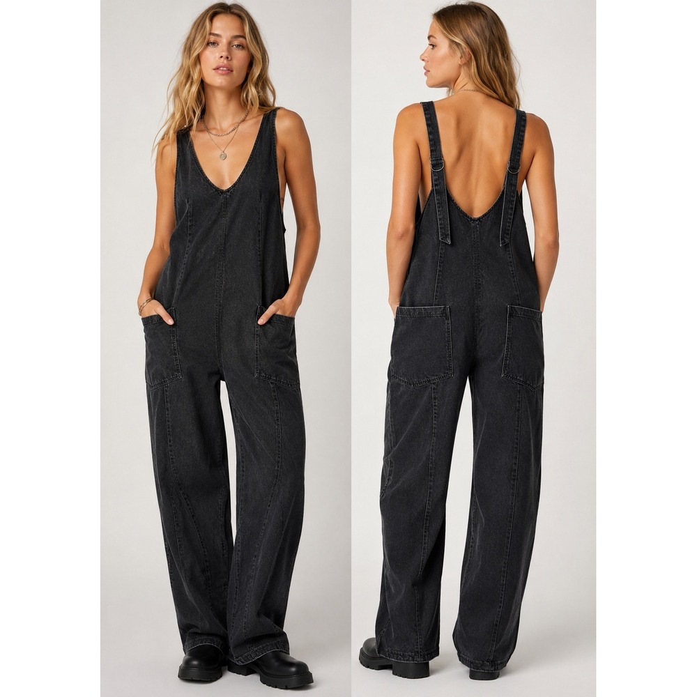 Free People Overalls Womens L Black Ziggy Denim Relaxed Wide Leg Bib Dungarees